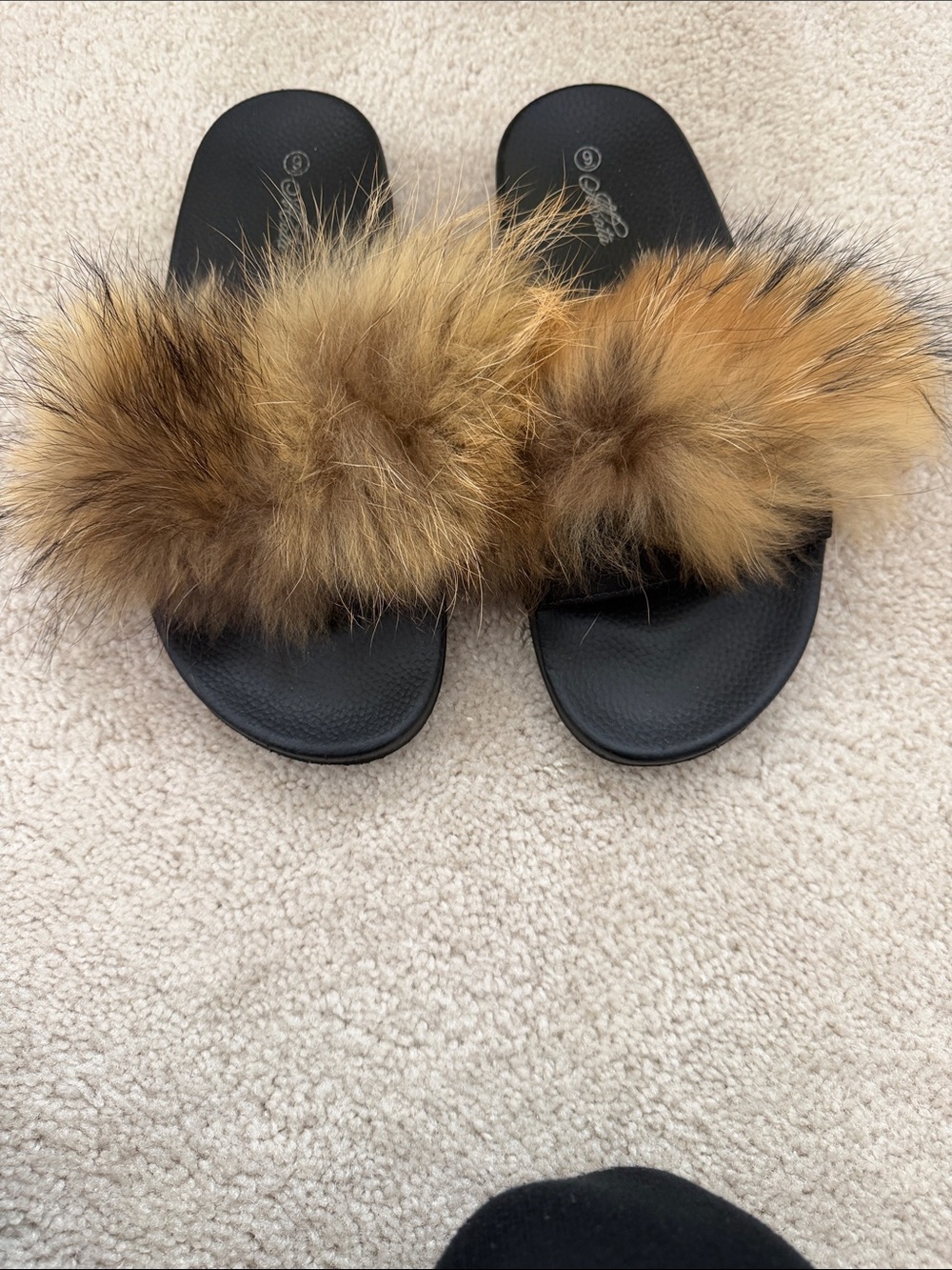 Faux Fur Slide Sandals - Black with Brown Fur
